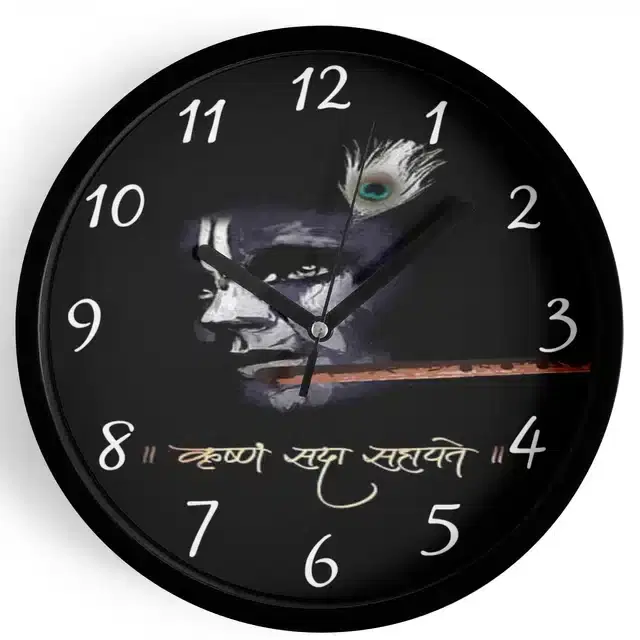 Analog Lord Krishna Wall Clock for Home, Black, 7 Inches