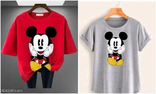 Cotton Printed T-Shirt for Women, Red & Grey, Pack of 2 (S)