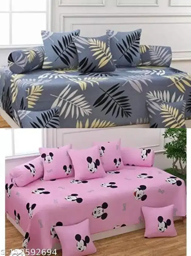 Polycotton Diwan Cover Set, Grey & Pink, Combo of 2