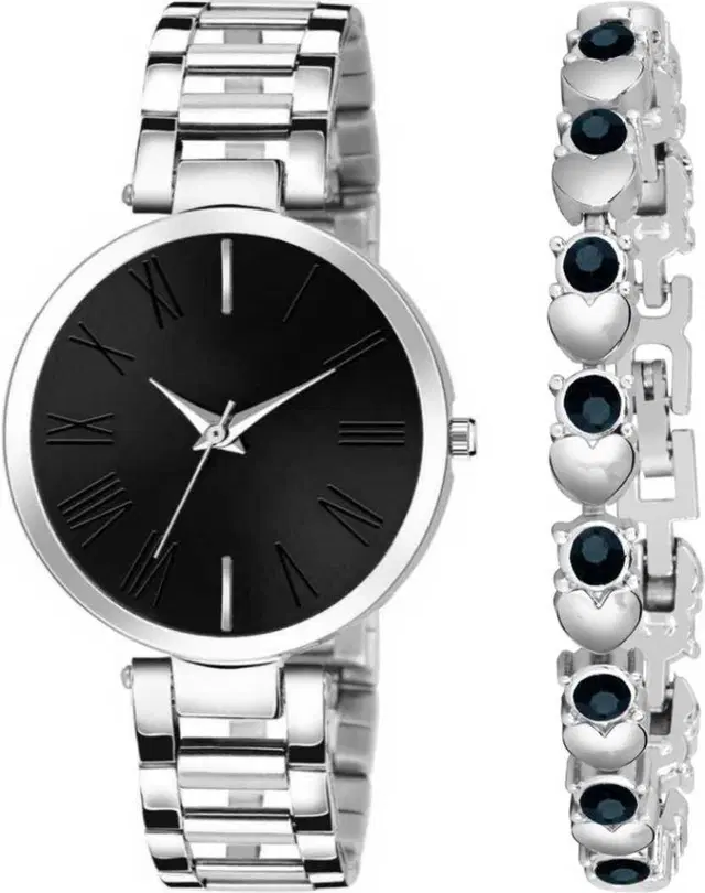 Metal Strap Analog Watch with Bracelet for Women & Girls, Set of 2 (Multicolor)
