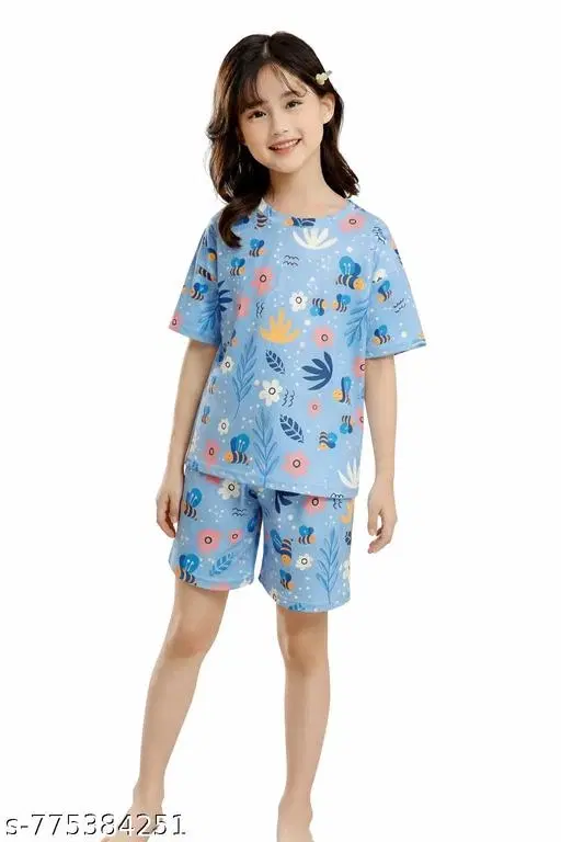 Night Suit for Girls (Aqua Blue, 7-8 Years)