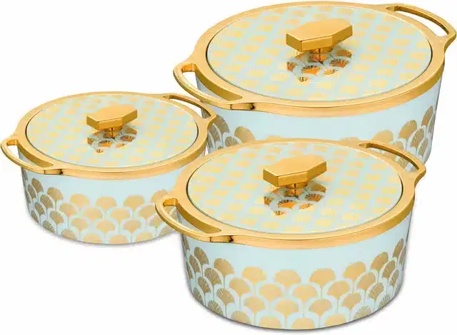 Combo of 750 ml, 1000 ml & 1500 ml Casserole with Lid, Gold & Light Green, Pack of 3