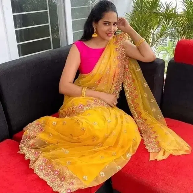 Net Embroidered Saree for Women, Yellow