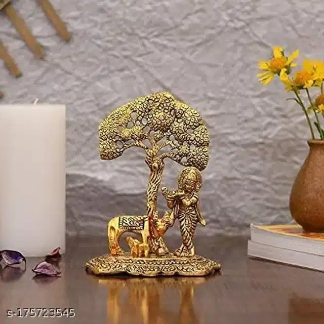 Krishna ji with Kamdhenu Cow Idol, Gold