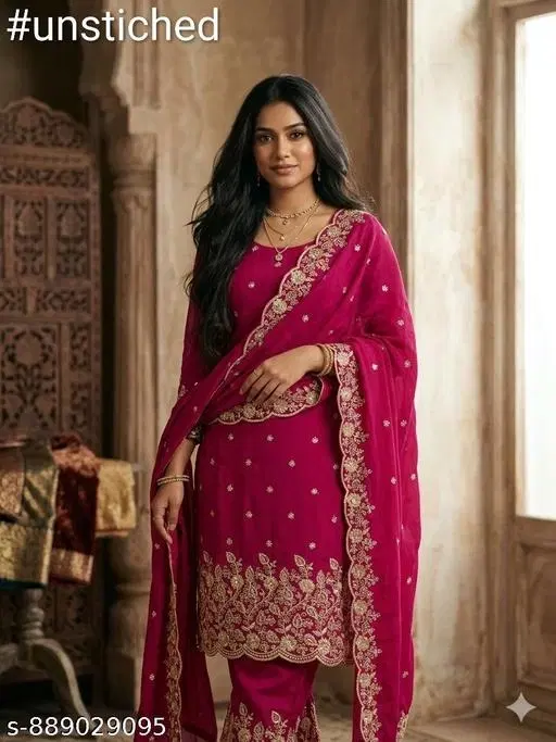 Vichitra Silk Embroidered Unstitched Suit for Women