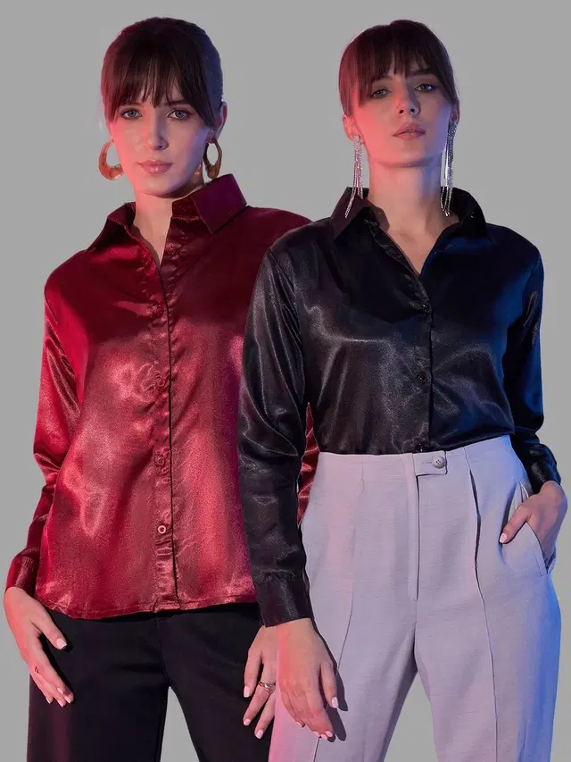 Full Sleeves Solid Shirt for Women, Pack of 2 (Maroon & Black, M)