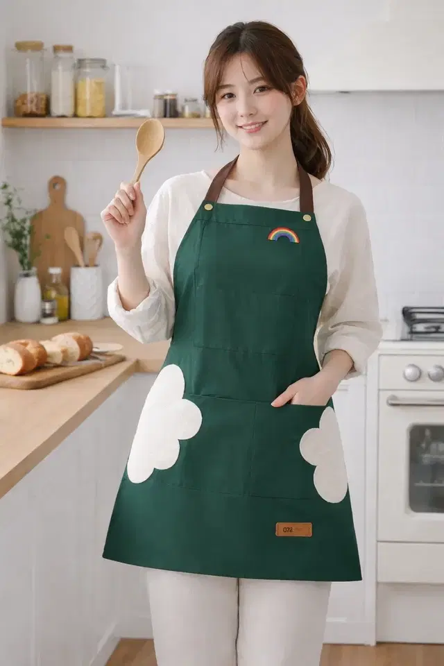 Waterproof Kitchen Apron with Side Towel Panels Green