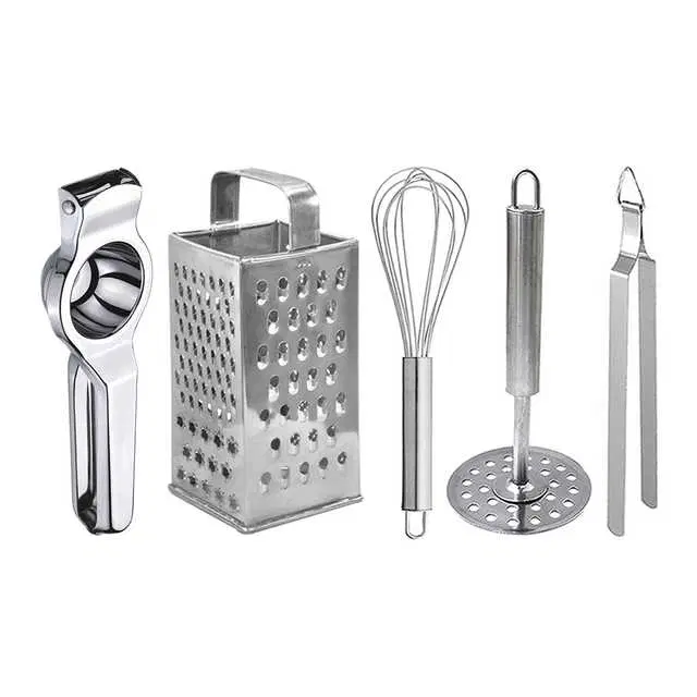 Oc9 Stainless Steel Lemon Squeezer & 4 in 1 Grater Or Slicer & Egg Whisk & Potato Masher & Roti Chimta Kitchen Tool Set, O-146
