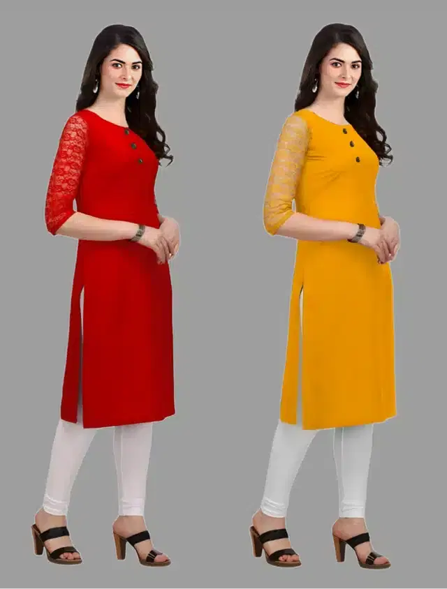 Crepe Solid Kurtis for Women, Pack of 2 (Red & Yellow, XS)