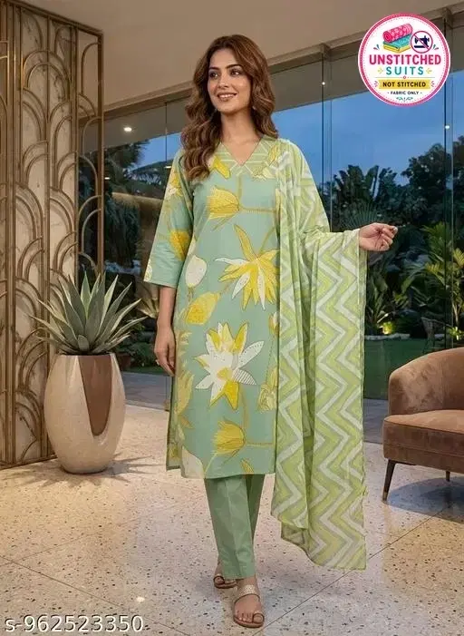 SIMPLYETHNIC Cotton Blend Printed Salwar Suit Set for Women (Green, M)