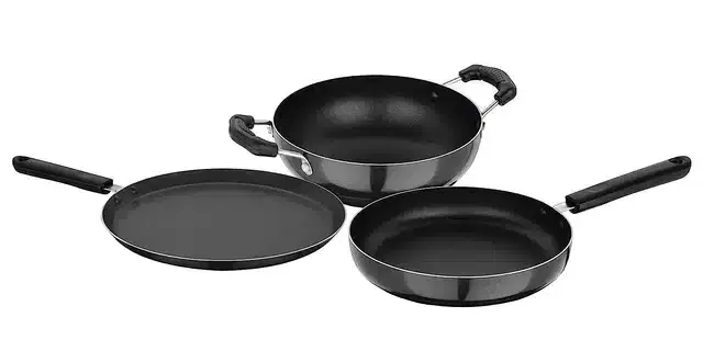 Aluminium Non Stick Tawa, Sauce Pan & Kadahi, Black, Set of 3