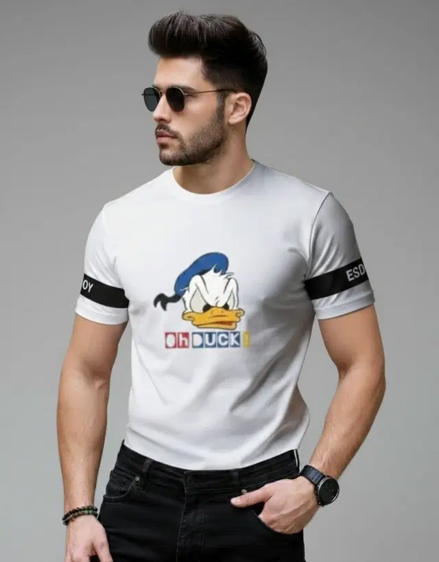 Polyester Printed T-shirt for Men, White (L)