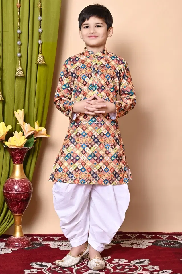 Cotton Blend Printed Kurta with Dhoti for Boys, Multicolor (6-12 Months)