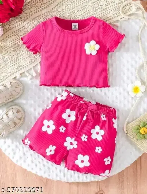 Girls Clothings Set Round neck Printed Pink Cotton Blend(12-18 M)
