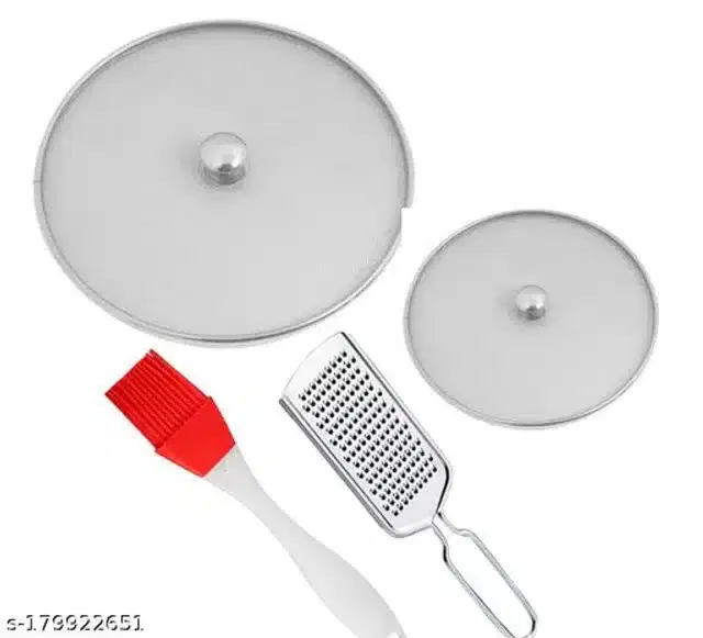 Metal Net Lids, 2 Pcs with Cheese Grater & Oil Brush, Red & Silver, Set of 4