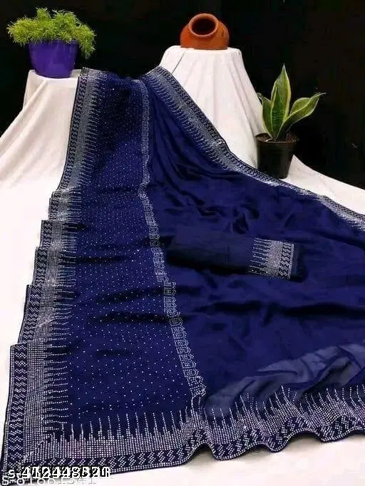 Chiffon Embellished Saree For Women, Blue
