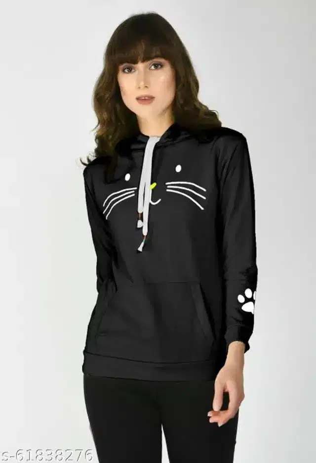 Fleece Printed Full Sleeves Hooded Sweatshirt for Women (Black, XS)