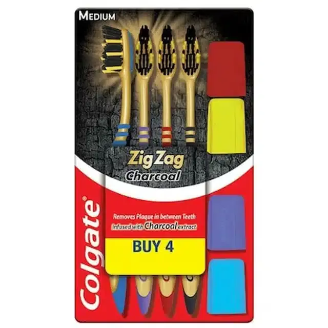 Colgate ZigZag Charcoal Medium Bristle Toothbrush - 4 Pc