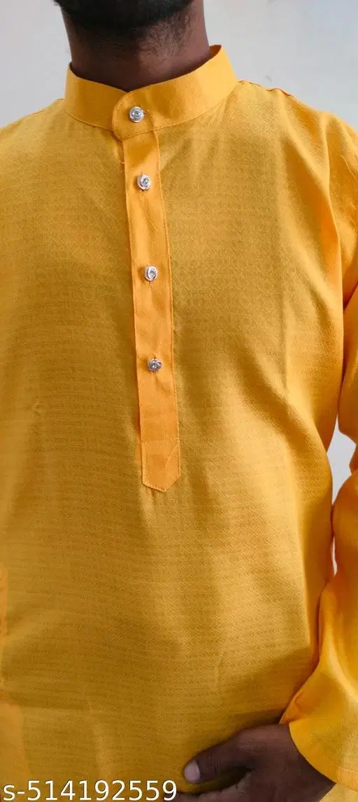 Cotton Solid Kurta for Men, Yellow (M)