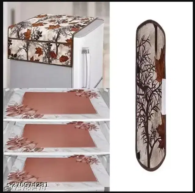Knitted Fridge Cover, With 3xFridge Mat And 1 xHandle Cover Pack Of 5 Brown Leaf