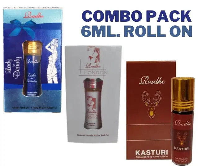 Combo of Radhe Kasturi with Lady In Beauty & White London Non Alcoholic Roll On Attars for Men & Women, 6 ml, Pack of 3