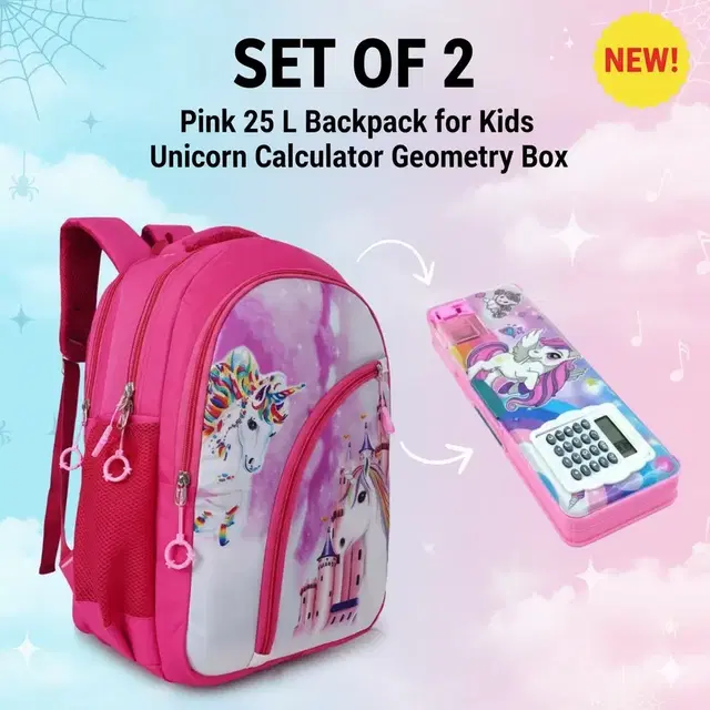 Pink 25 L Backpack for Kids and Unicorn Calculator Geometry Box (Multicolor set of 2)