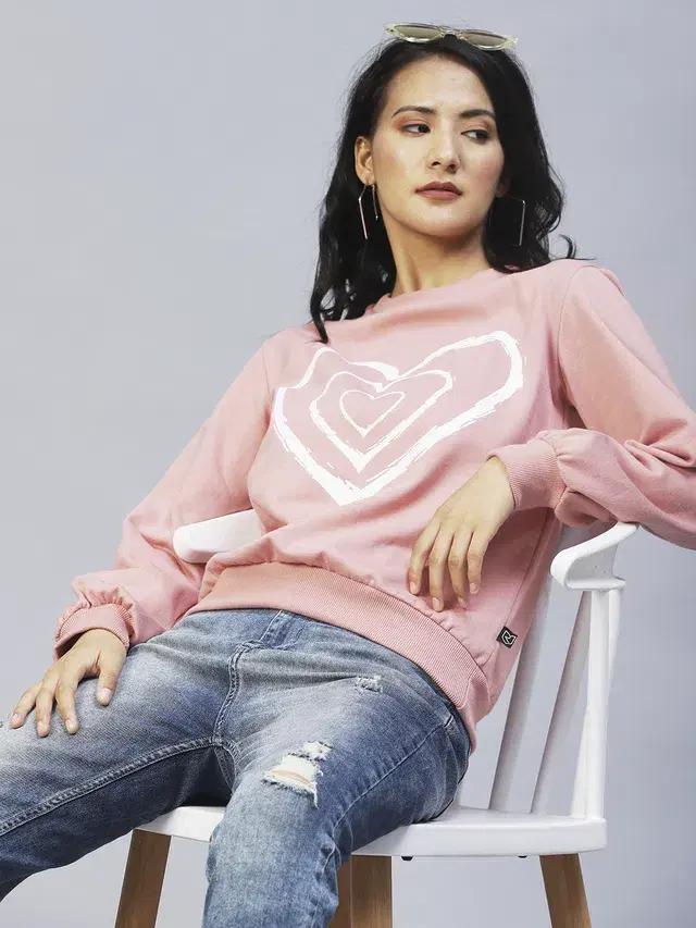 Women's Heart Printed Peasant Sleeves Sweatshirt (Peach, S)
