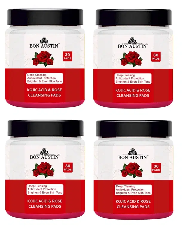 Bon Austin 30 Pcs Kojic Acid & Rose Cleansing Pads, Pack of 4