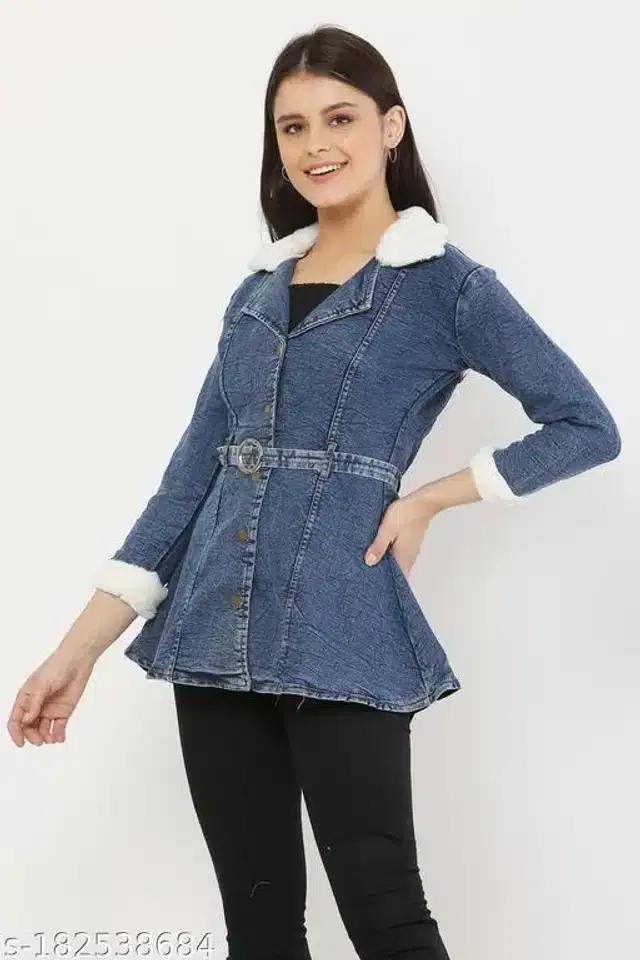 Denim Solid Full Sleeves Jacket for Girls (Blue, 10-11 Years)