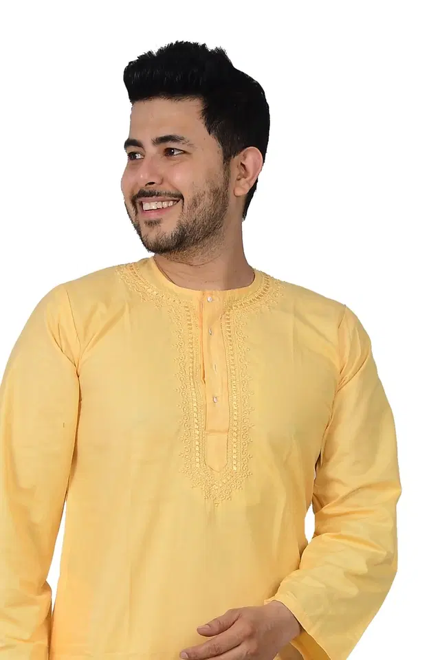 Cotton Blend Embroidered Kurta with Pyjama Set for Men, Yellow & White (S)