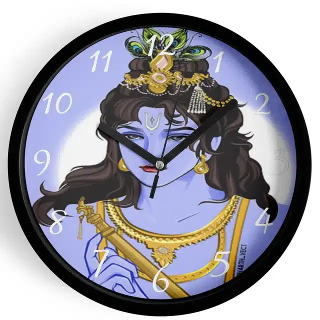 Analog Lord Krishna Wall Clock for Home, Black, 7 Inches