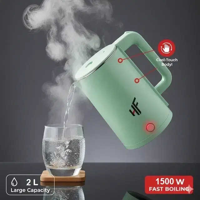 HF Steel Cooltouch Body Electric Kettle (2 L, 1500W, Green)
