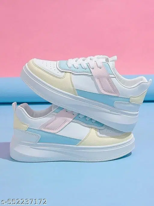 Striped Synthetic Sneakers for Girls (White, 9-10 Years)