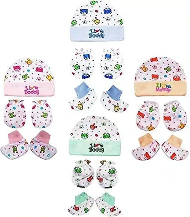 Cotton Printed Cap, Mittens and Booties for New Born Baby, Set of 4 (Multicolor, 0-6 Months)