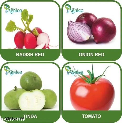 4 Vegetable Seeds Combo With Instruction Manual(Radish Red/Onion Red/Tinda/Tomato)