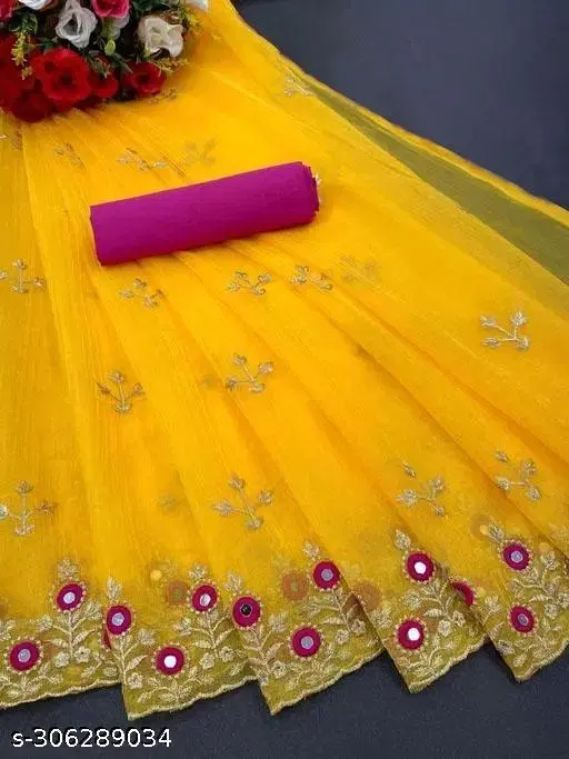 Embroidered Cotton Blend Floral Bangalori Silk Sewing & Embroidery (Yellow, Free Size)