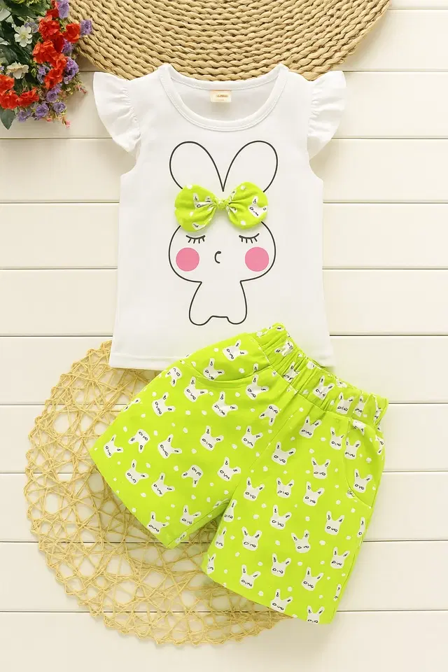Hosiery Cotton Printed Clothings Set for Girls, White & Neon (12-18 Months)