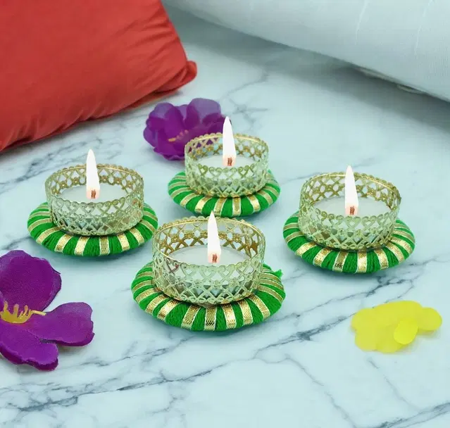 Metal Designer Tealight Candle Holder, Green, 6x6x2.4 cm, Pack of 4