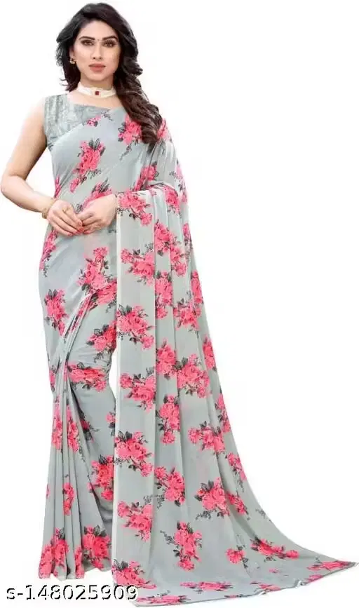 Georgette Printed Saree for Women (Grey, 6.3 m)