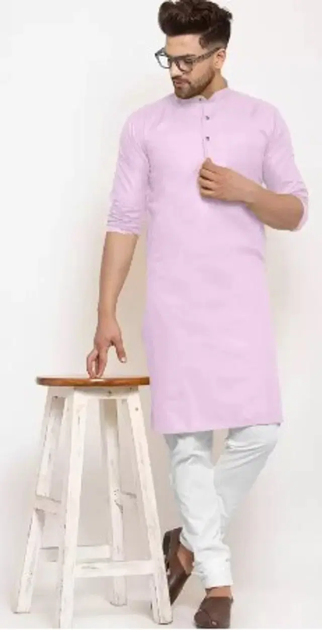 Full Sleeves Solid Kurta with Payjama for Men (Light Pink, L)