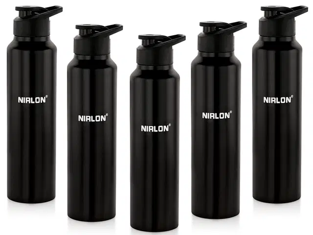 Nirlon Classic Flip Single Wall Stainless Steel Water Bottle 750Ml, Water Bottles For Fridge, School,Gym,Home,Office,Boys, Girls, Kids, Leak Proof(Black Colour|Sipper Cap|Set Of 5)