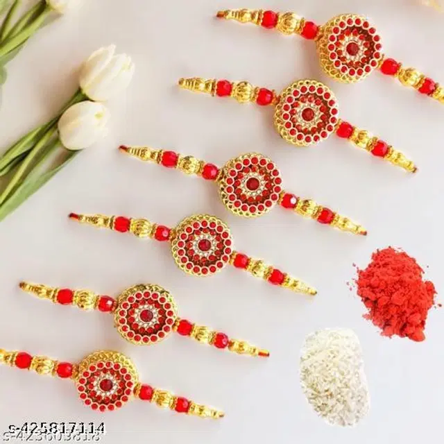 Handmade Designer Rakhi with Roli Chawal, Multicolor, Pack of 6