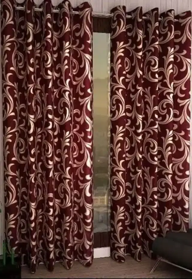 Polyester Printed Window & Door Curtains, Pack of 2, Maroon, 5 feet