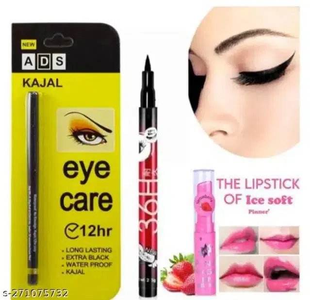 ADS Kajal with 36H Eyeliner & Pink Lip Balm, Set of 3