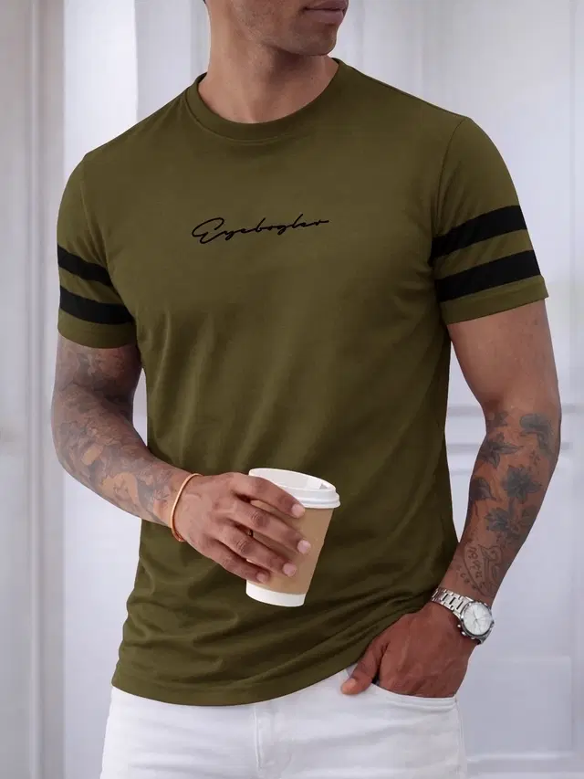 Round Neck Cotton T-shirts for Men (Olive, S)