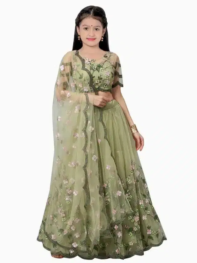 Net Embroidered Semi Stitched Lehenga for Girls (Green, 12-13 Years)