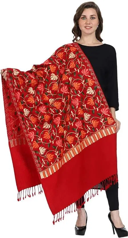 Kashmiri Embroidered Poly Acralic Shawl For Women, Red