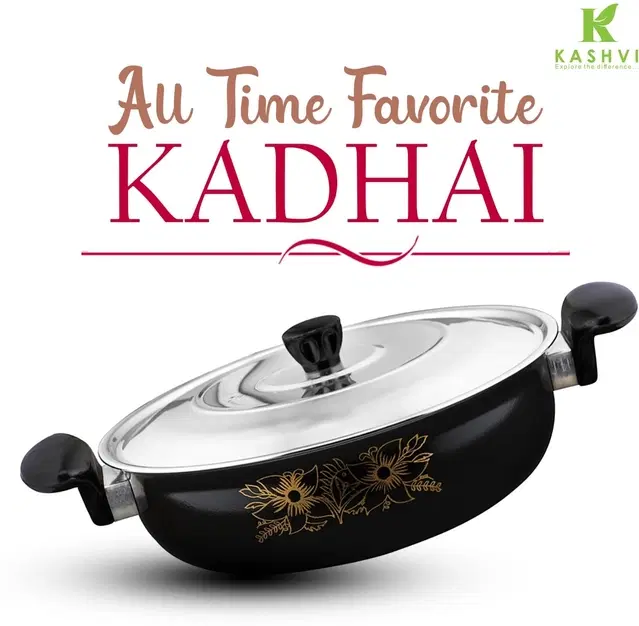 Cast Iron Kadai with Lid, Black & Silver, 28 cm
