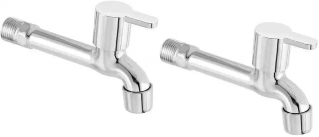 Stainless Steel Long Body Bib Cock Tap with Wall Flange, Silver, Set of 2