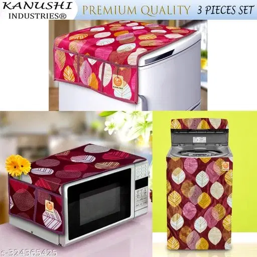 KANUSHI Industries® Fridge /Refrigerator Top Cover + 1 Pc Top Load Fully Automatic Washing Machine Cover + 1 Pc Microwave/Oven Top Cover(FRI+MICRO+WASMAC-FULLY-MAROON-LONG-LEVS)